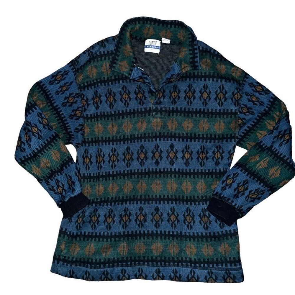 DENIM EXPRESS Vintage Aztec Print Pullover Cowl Neck Sweater Size L